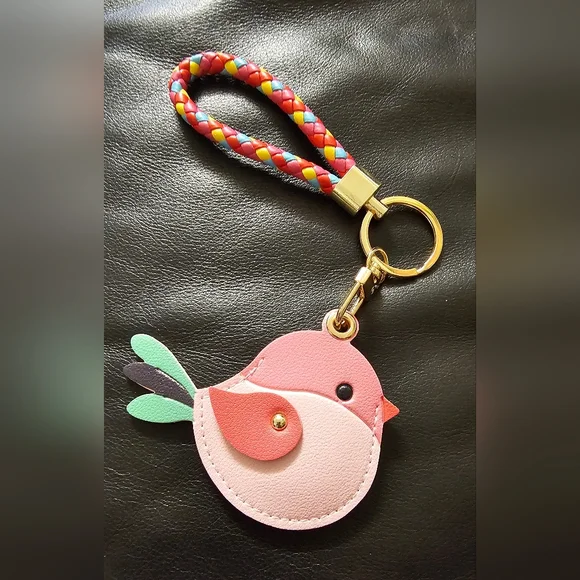 Colorful Pink Bird Vegan Leather Air Tag Holder Keychain with Braided Strap NWOT - Picture 9 of 9